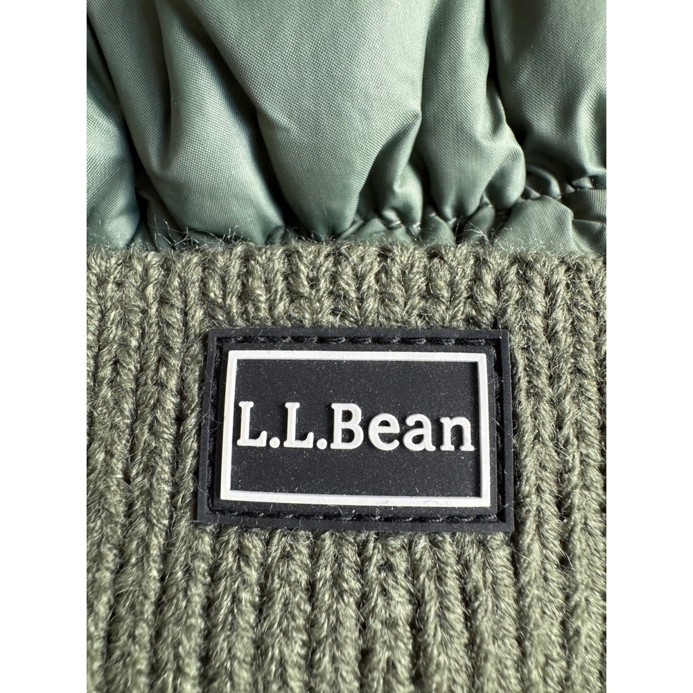 LL Bean Puffer Beanie Faux Fur Pom Pom Fleece Lined Green Winter Hat - Picture 2 of 7